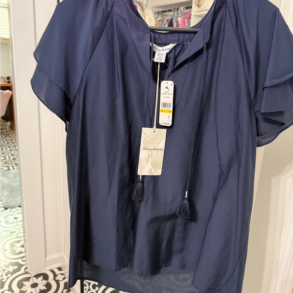 Tommy Bahama Navy Short Sleeve Tassel Tie Blouse - Picture 3 of 6